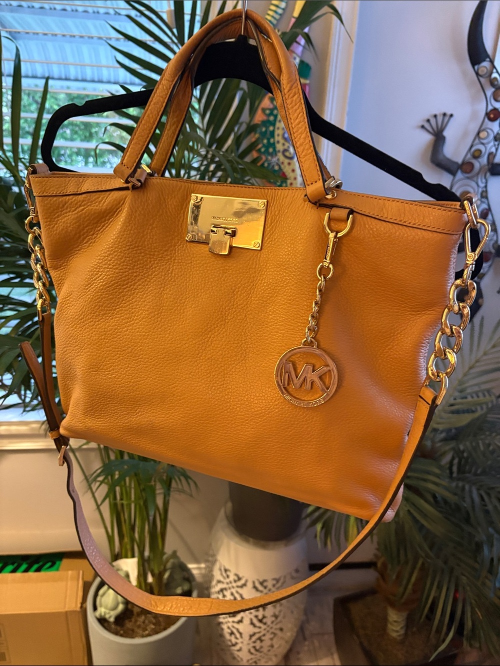 Michael Kors Mustard Leather Shoulder Tote with Gold Hardware